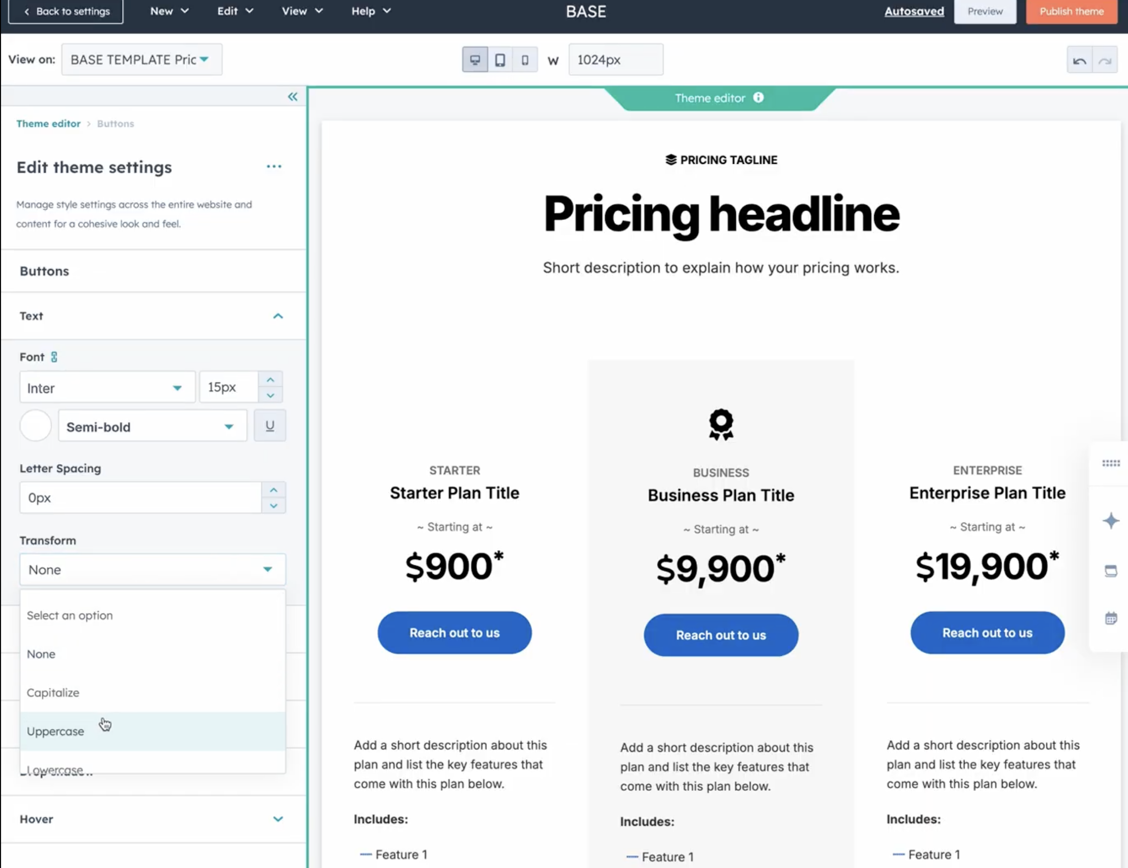 Theme editor with font and button settings beside a sample pricing layout.